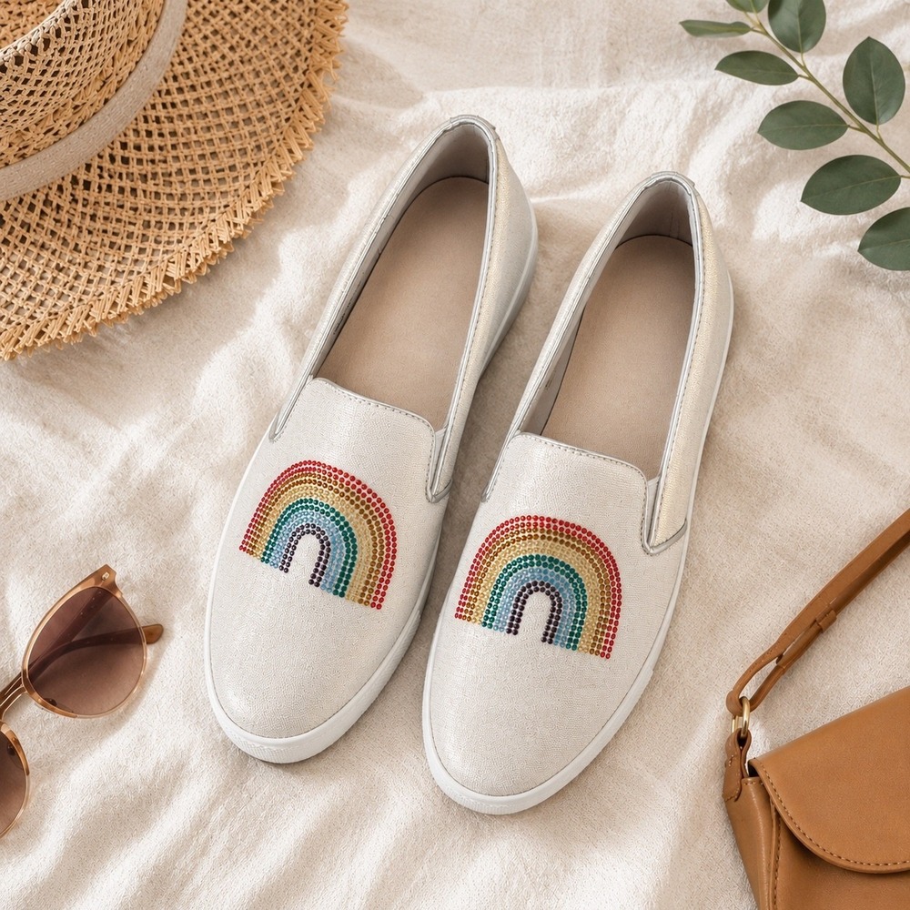 Katy Perry Kerry Rainbow Silver Canvas Rhinestone Slip On Sneakers 6 Festival